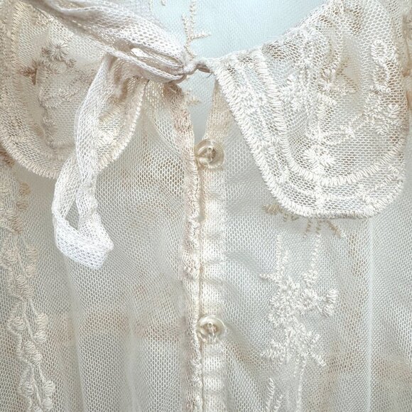 Scully Leather Honey Creek Ivory Embroidered Mesh Tie Front Blouse Woman’s size - Picture 7 of 12